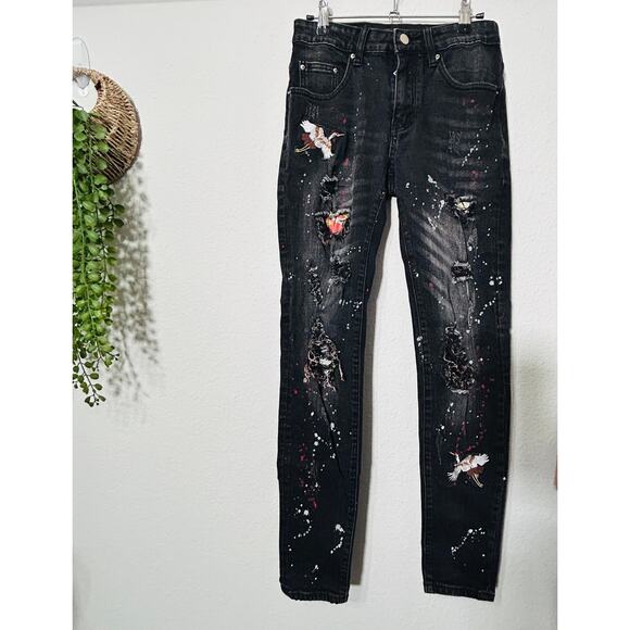 AMIRI Skinny-Fit Appliquéd Paint-Splatter Distressed Stretch-Denim Jean Black 28 - Picture 4 of 15